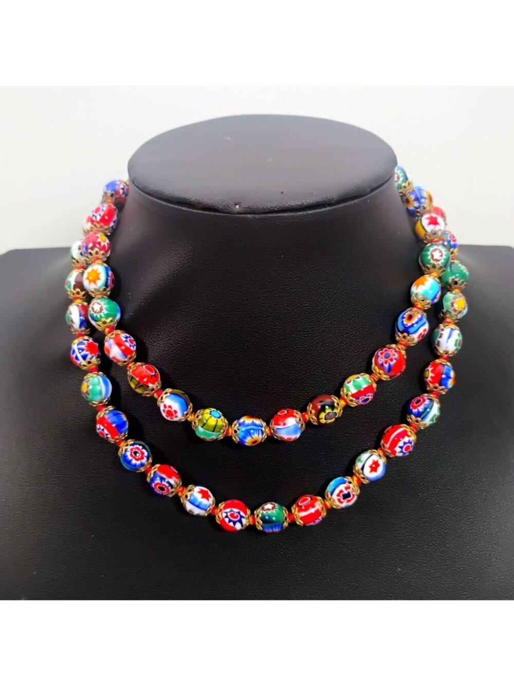 Vtg Moretti Millefiori Venetian Glass Bead Necklace 26" Long